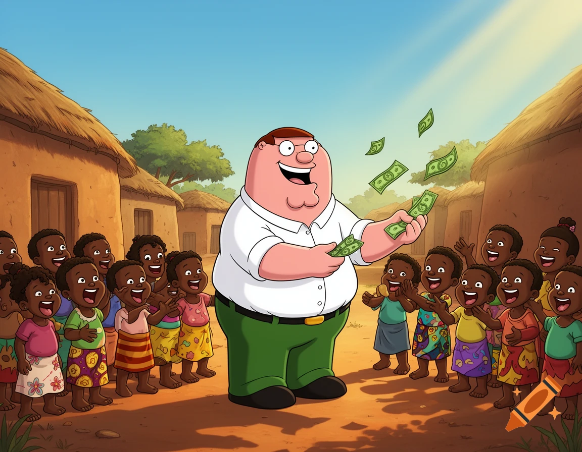 Cartoon character Peter Griffin joyfully throws money to a crowd of smiling children in a sunny village setting.