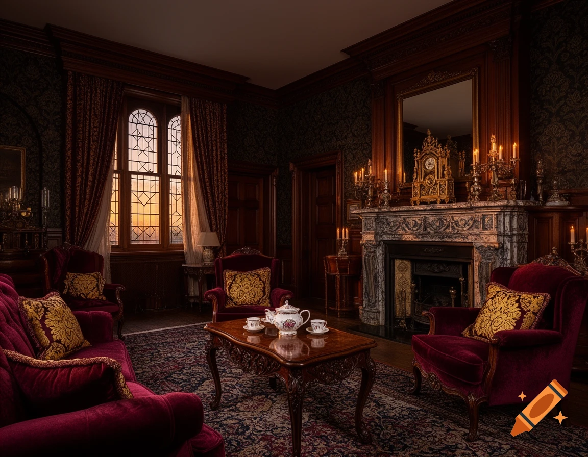 A lavish Victorian living room with dark wood, red velvet furniture, a fireplace, and a large window showing a sunset.