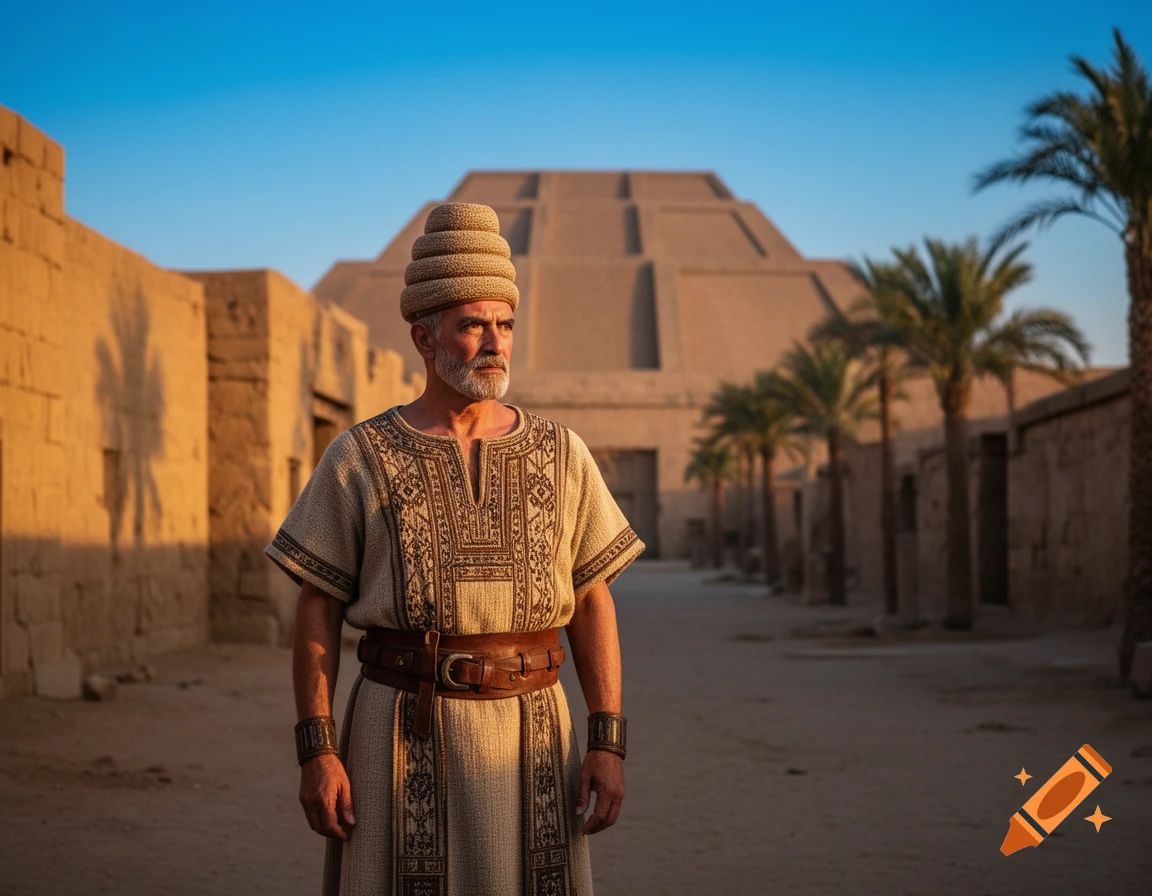 A man in ancient Mesopotamian attire stands in a desert city with a ziggurat and palm trees under a clear sky.