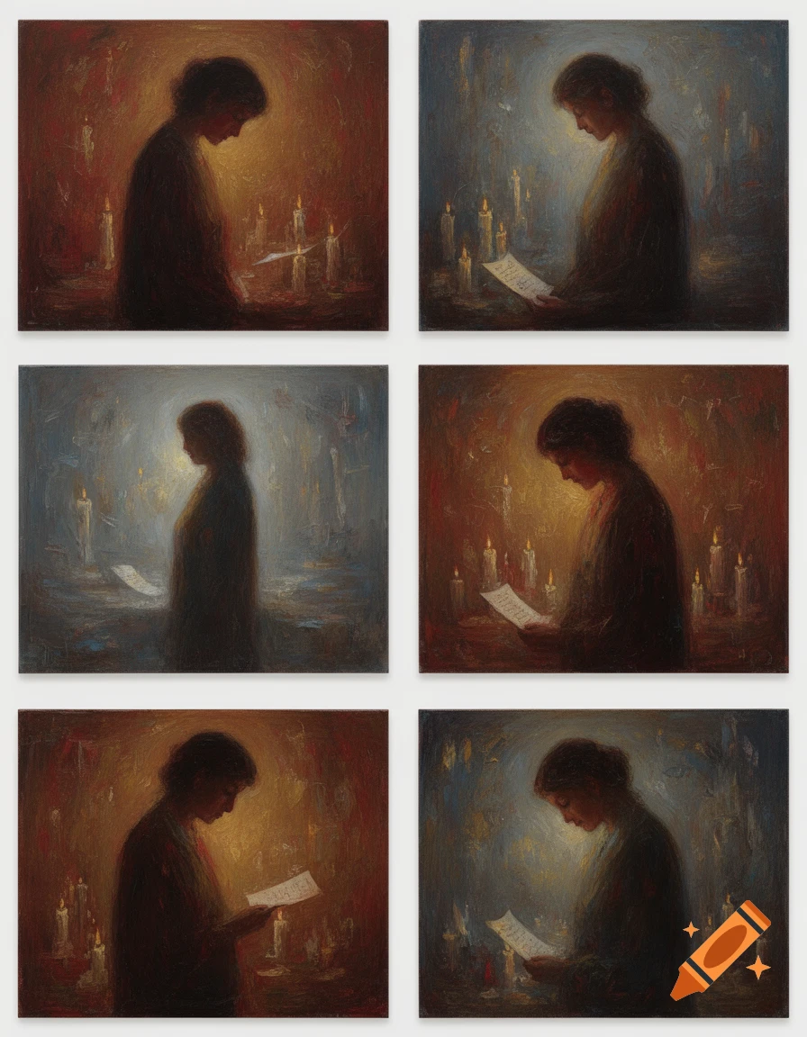 Six oil paintings show a person in profile, reading a document by candlelight, with a somber expression.