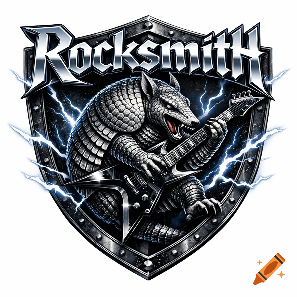 Hard rock band logo with an armored armadillo playing electric guitar in a metal shield with lightning, text 'Rocksmith'.