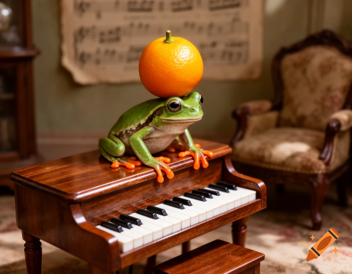 A green tree frog sits atop a miniature wooden piano, balancing a small orange on its head, with sheet music on the wall behind it.