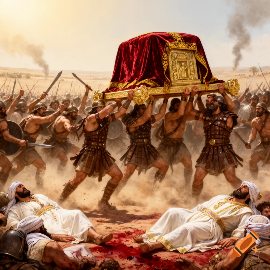 Philistine soldiers carry the red velvet-covered Ark of the Lord on a dusty battlefield, as defeated Israelite priests lie bleeding.