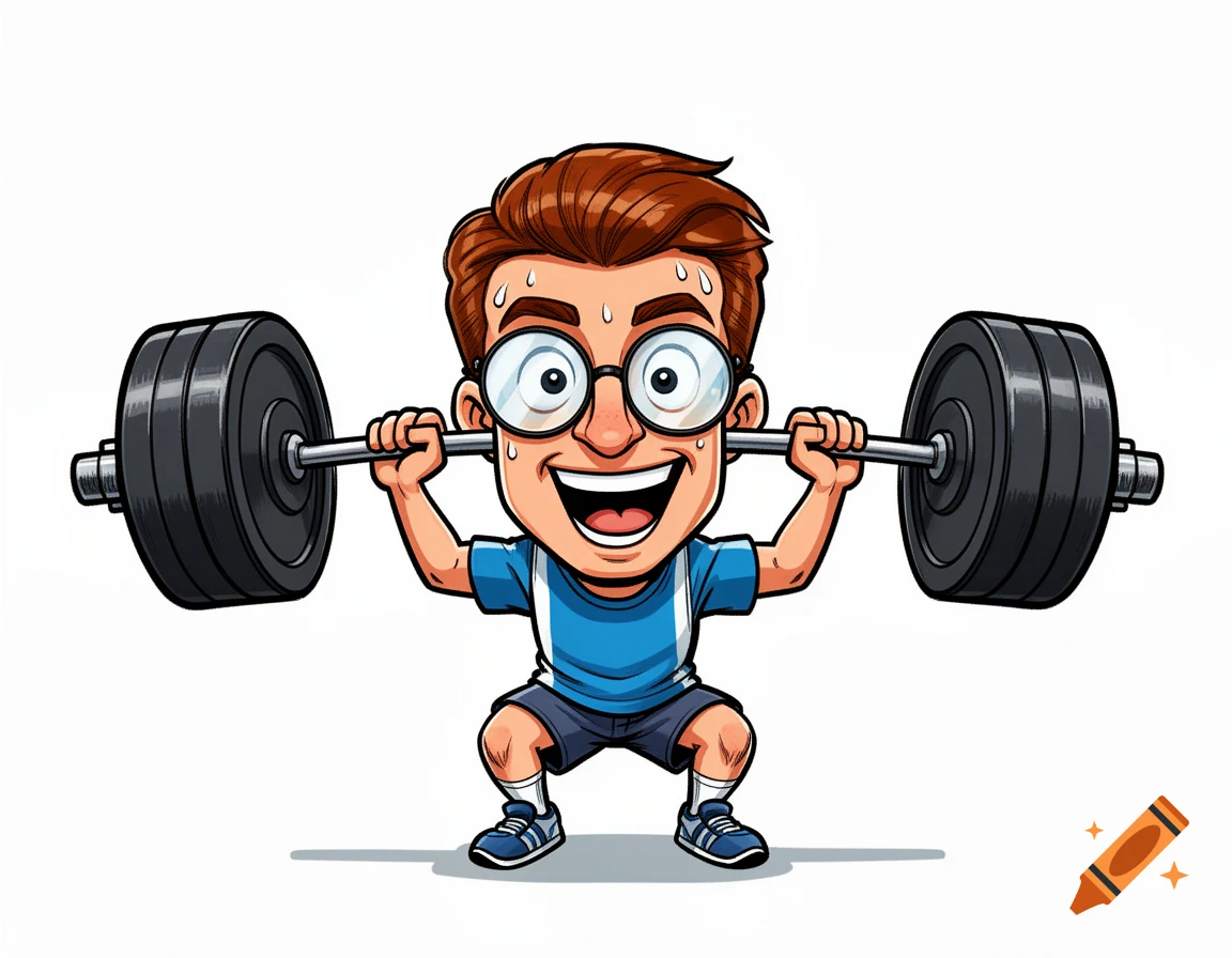 A smiling, sweating cartoon man with glasses in a blue shirt and shorts performs an overhead lift with a heavy barbell in a comic book style.