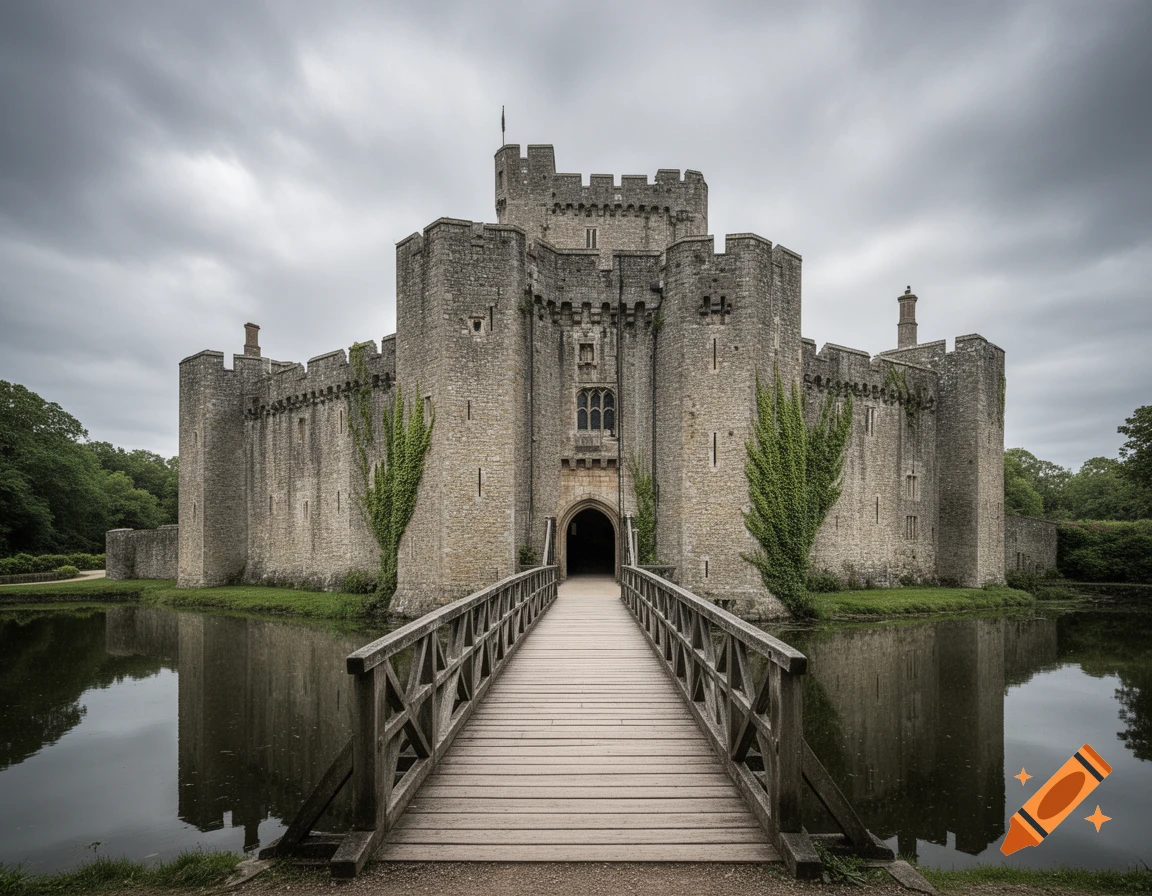 A grand medieval stone castle with a wooden drawbridge over a moat, surrounded by trees under a cloudy sky.