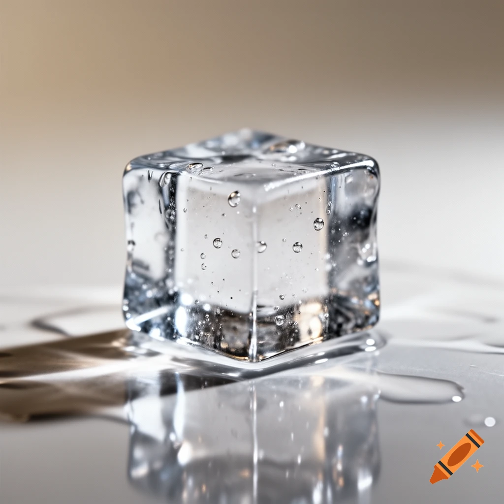 A photorealistic close-up of a clear melting ice cube with air bubbles and water droplets, reflecting on a light surface.