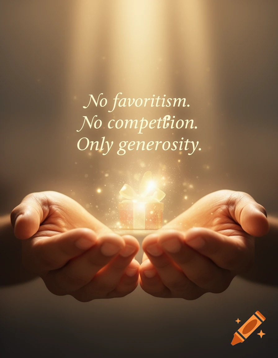 Two cupped hands holding a glowing gift box with shimmering light, and the text 'No favoritism. No competition. Only generosity.' above.