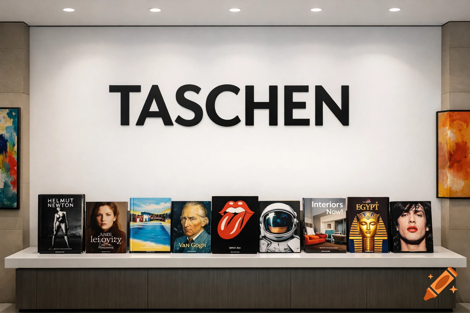 A display of various art and photography books by TASCHEN, including titles on Helmut Newton, Van Gogh, and Egypt, on a white shelf below a large TASCHEN sign.