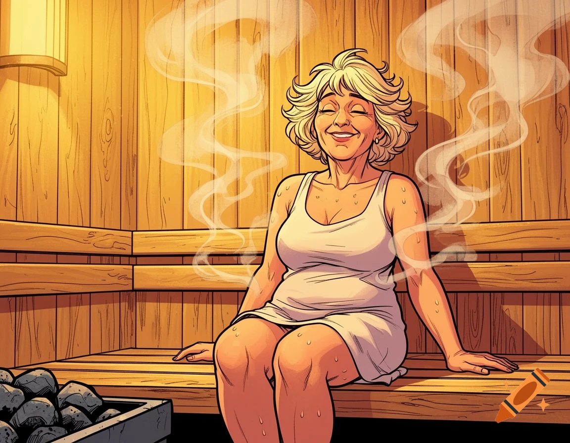 A happy, relaxed older woman with short blonde hair sits in a wooden sauna, rendered in comic art style.