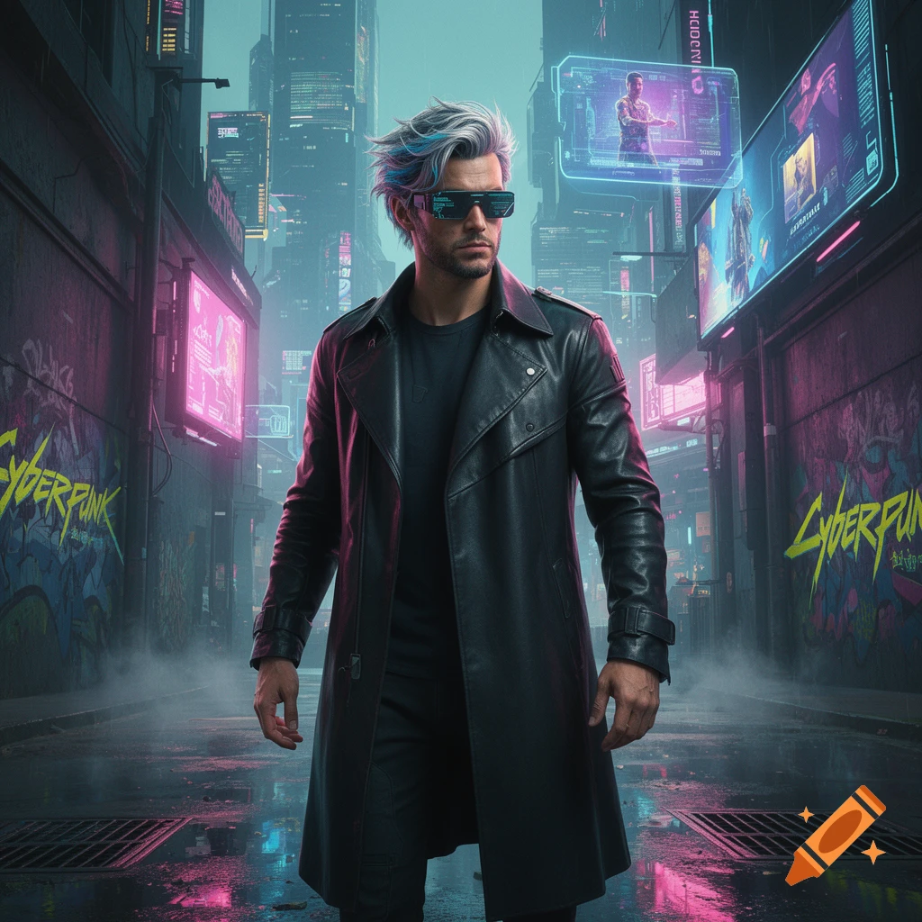 A man with grey and blue hair, wearing a black trench coat and futuristic glasses, stands in a rainy, neon-lit cyberpunk city street.