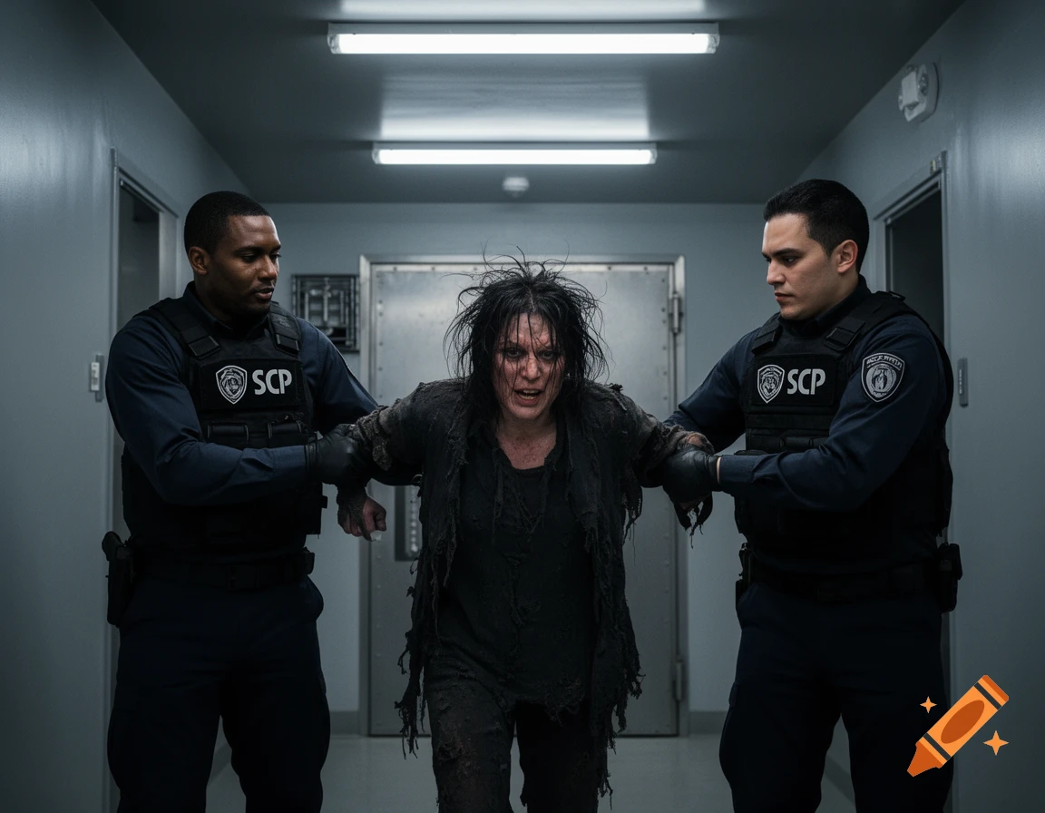 Two uniformed guards in SCP vests hold a disheveled, distressed person in a dimly lit hallway, appearing photorealistic.