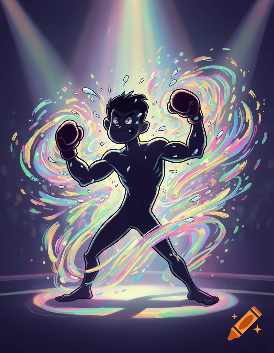A cartoon shadow boxer stands confidently under spotlights, surrounded by vibrant, colorful swirls and water splashes.