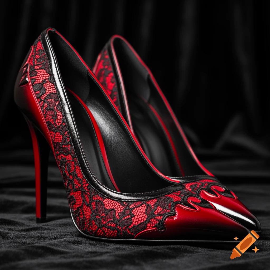 A pair of red and black lace high heels with glossy accents on a dark, textured background.