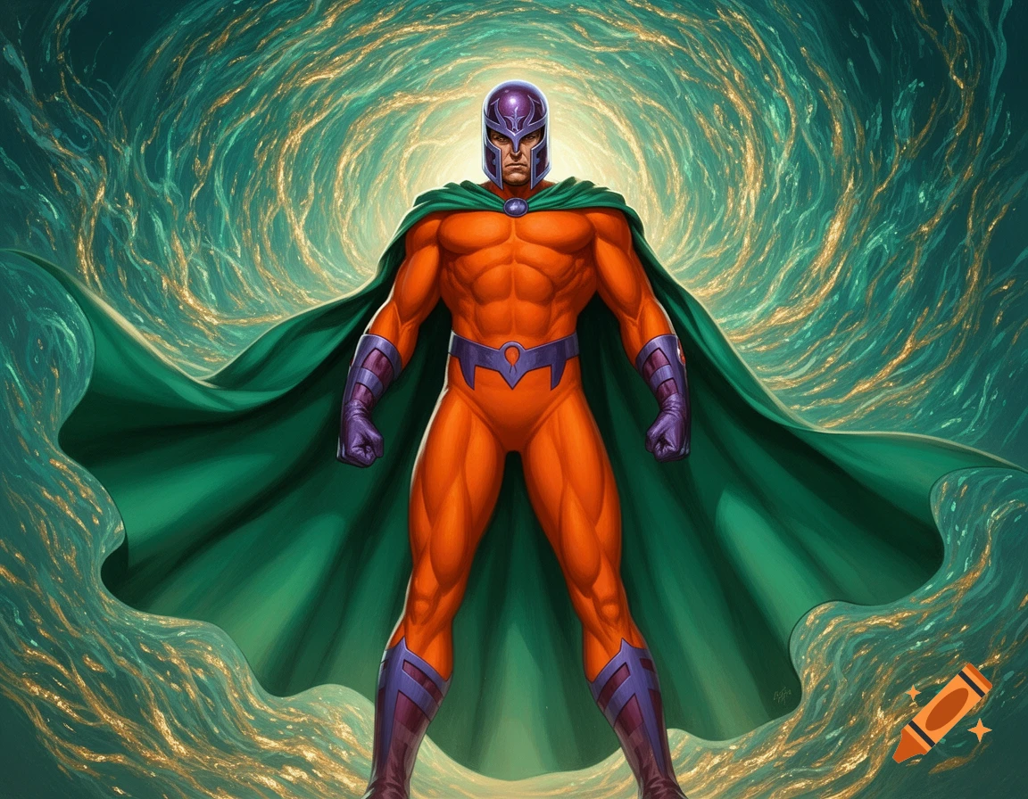 Magneto in an orange spandex suit with a flowing green cape stands against a swirling green and gold energy background in a comic book art style.