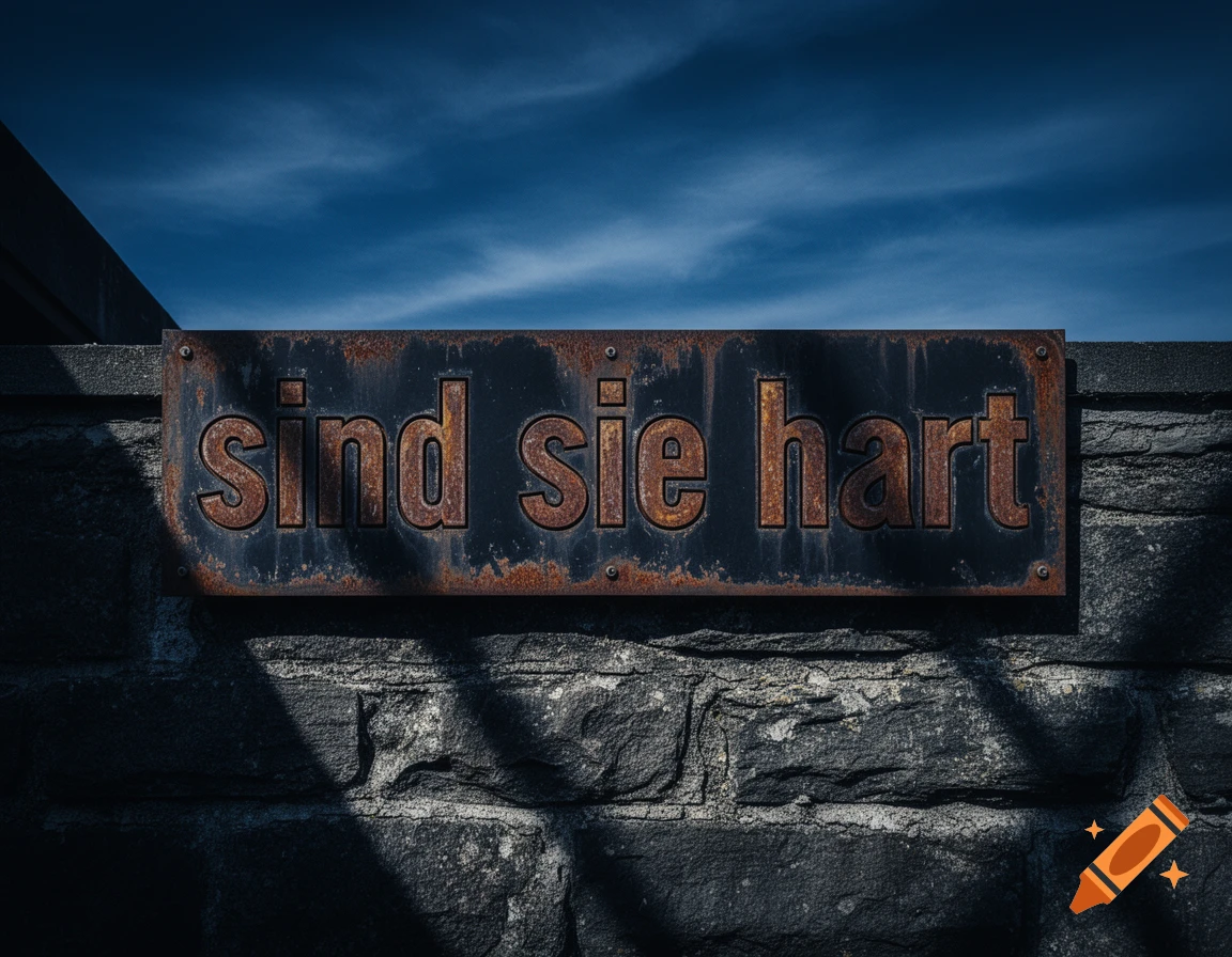 Rusty black sign with German text "sind sie hart" on a stone wall under a dark blue sky, photorealistic.