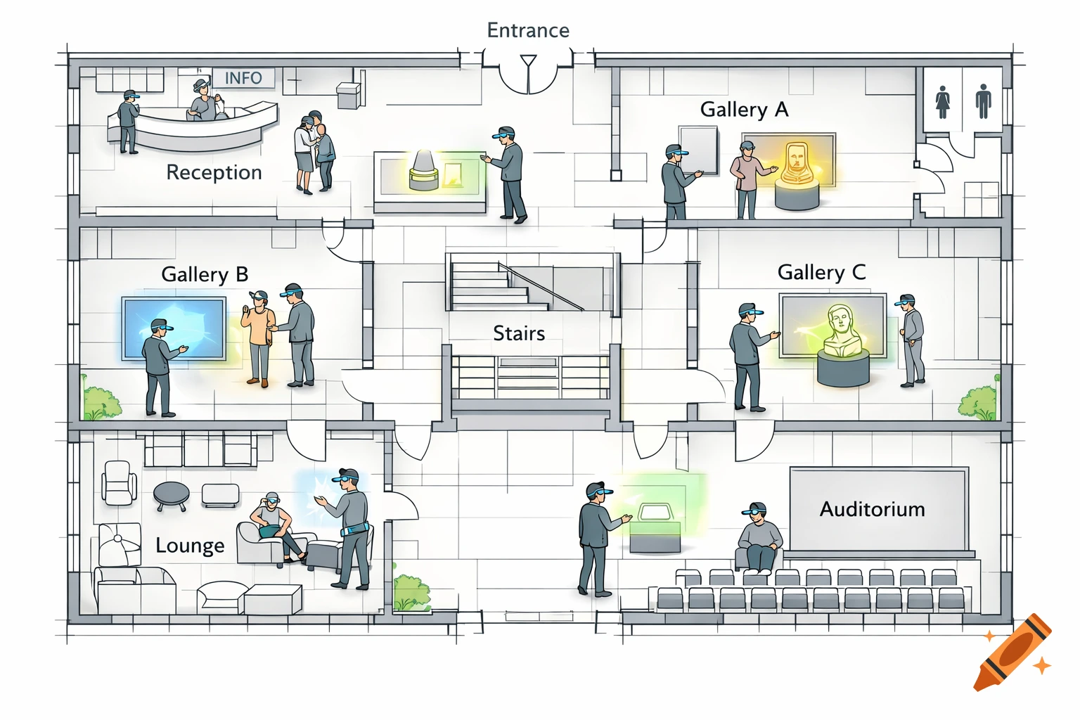 Top-down floor plan illustration of a museum with reception, galleries, lounge, and auditorium. Visitors wear AR glasses.