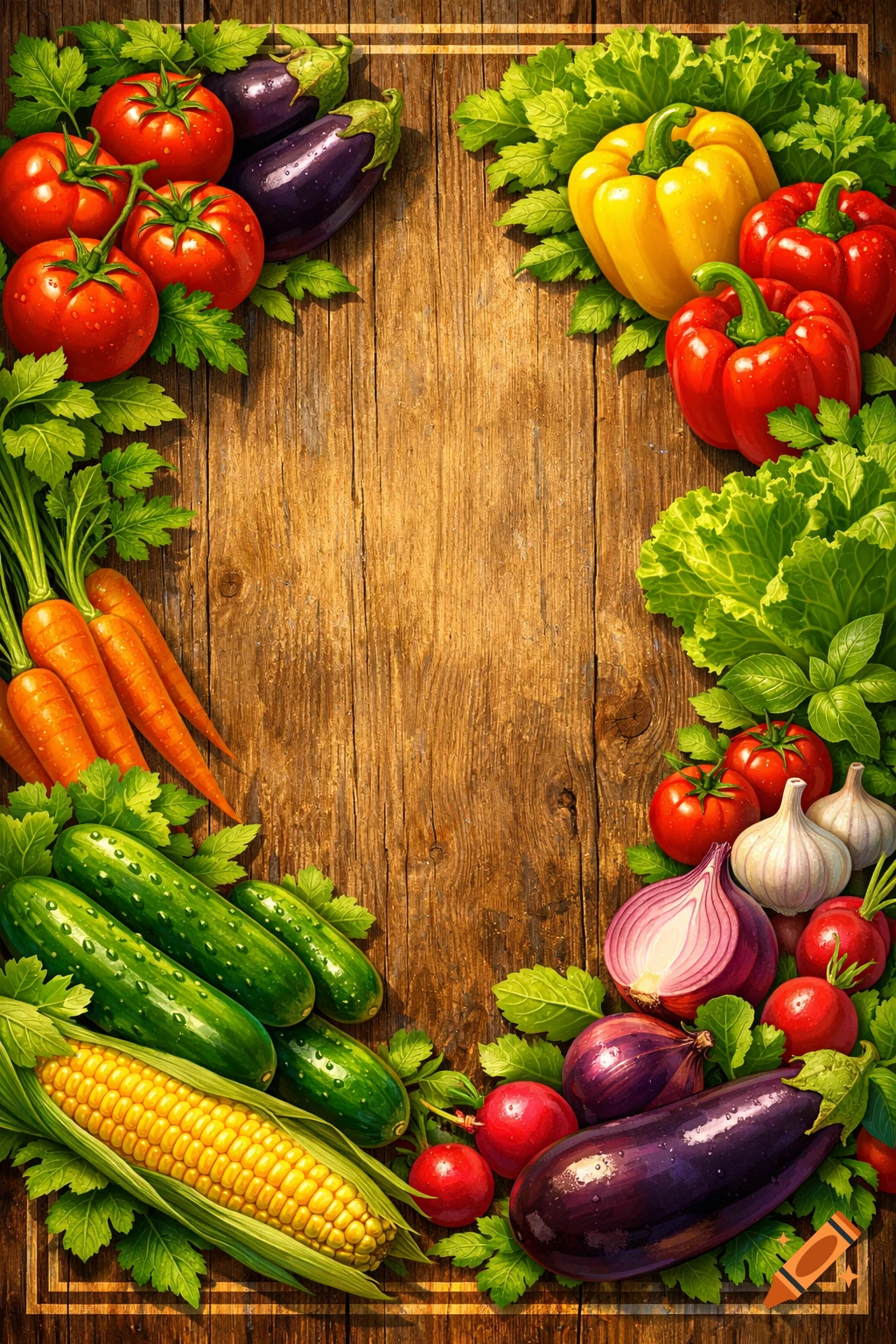 Fresh vegetables including tomatoes, bell peppers, carrots, cucumbers, corn, onions, and eggplants frame a rustic wooden background.