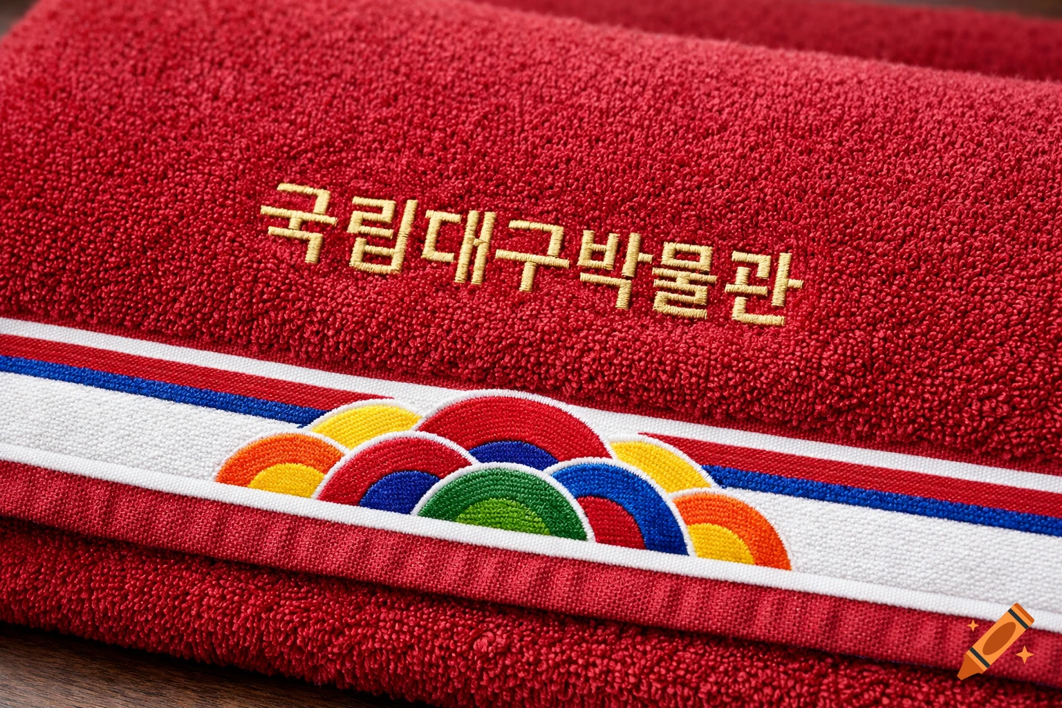 Close-up of a folded red terry towel with gold embroidered Korean text and colorful semicircle pattern on a white and striped band.