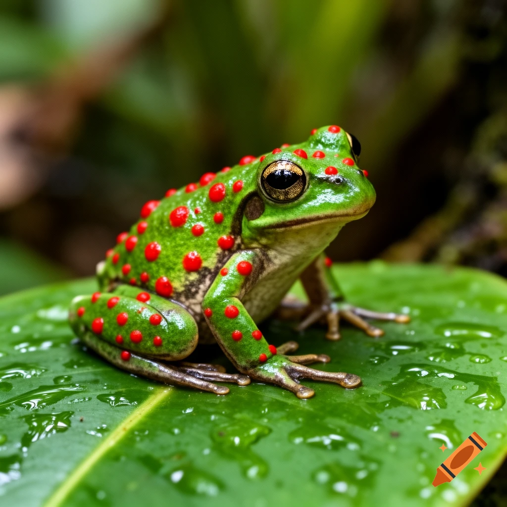 A vibrant green frog with prominent red spots sits on a wet green leaf, against a blurry dark green background.