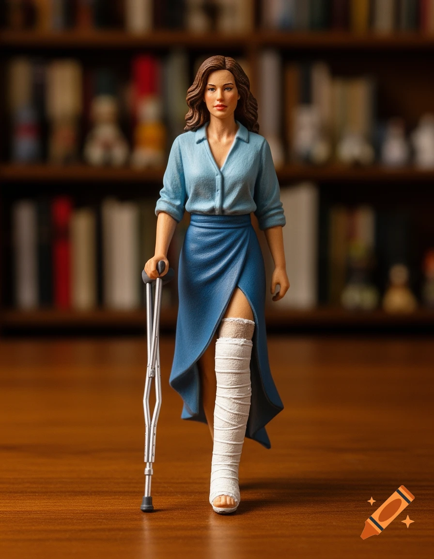 Detailed figurine of a woman with a bandaged left leg and a crutch, standing on a wooden surface in front of a blurred bookshelf.
