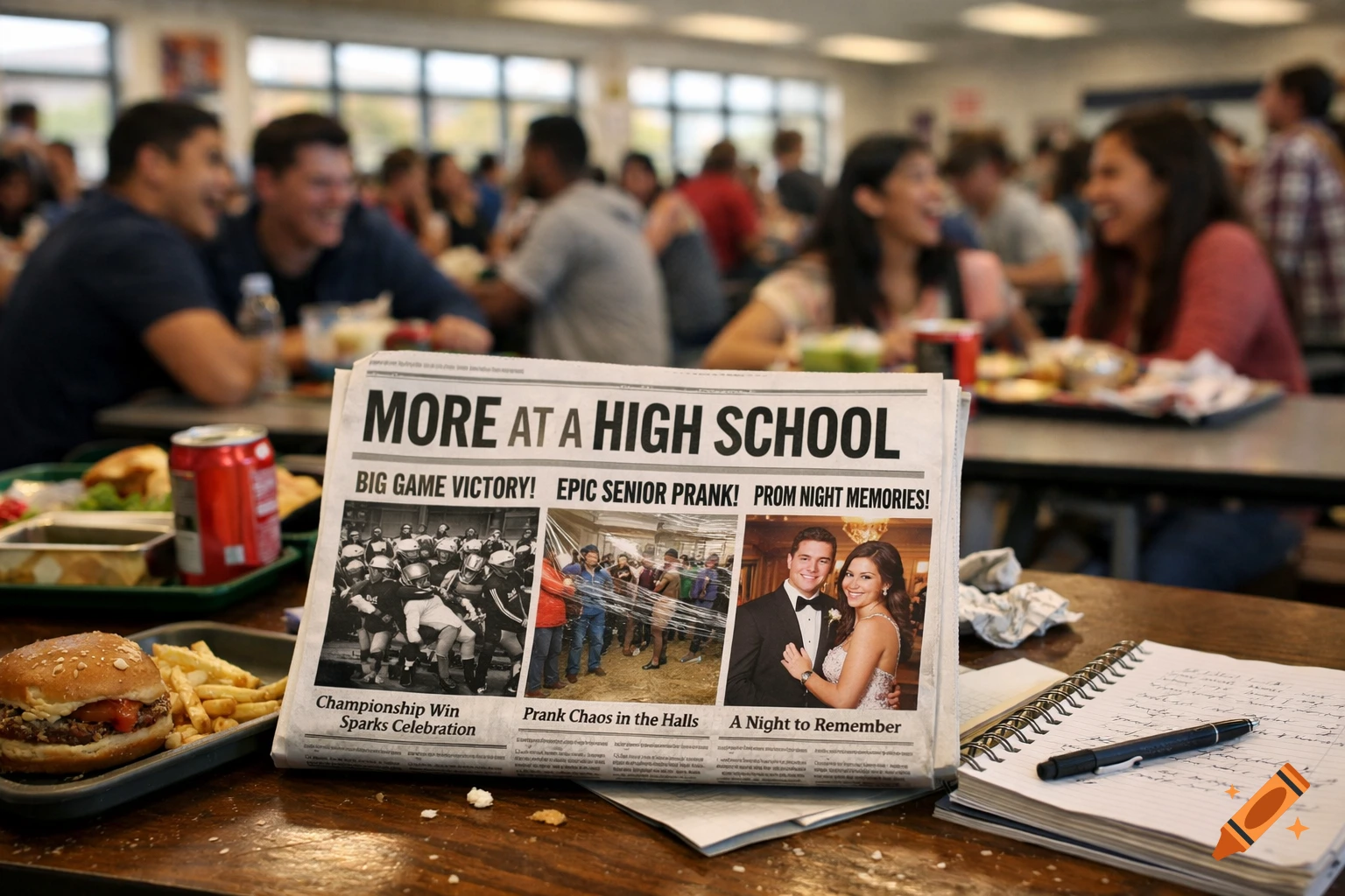 A newspaper with headlines and images about high school life sits on a cafeteria table next to a burger, fries, soda, and a notebook. Students are blurred in the background.
