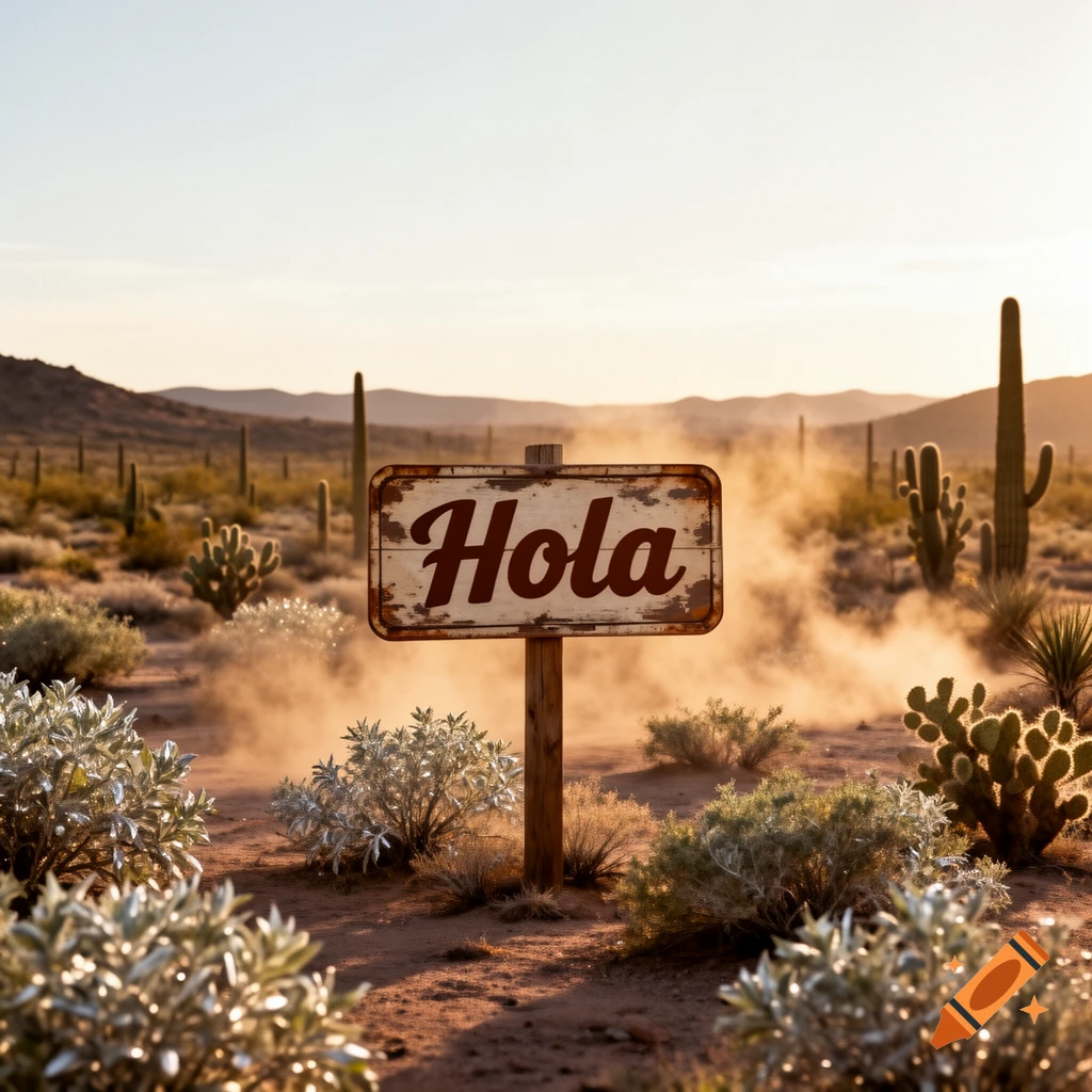 A rustic wooden sign with "Hola" painted on it stands in a sunlit desert landscape with cacti and dusty ground.