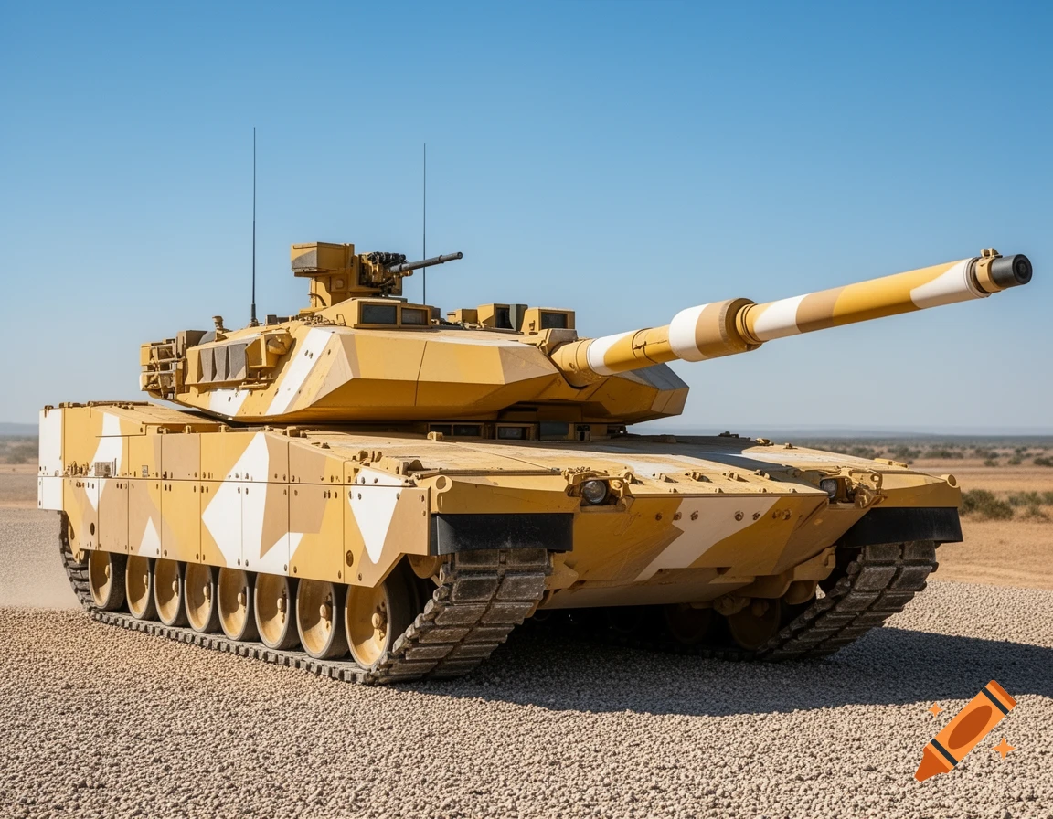 A photorealistic tank with geometric desert camouflage sits on gravel under a clear blue sky.