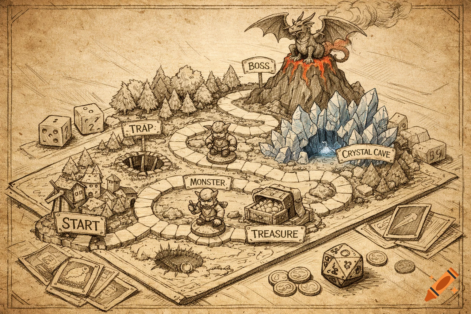 An isometric hand-drawn sketch of a fantasy board game on parchment, with a winding path through a village, trap, monster, treasure, crystal cave, and a boss dragon volcano.