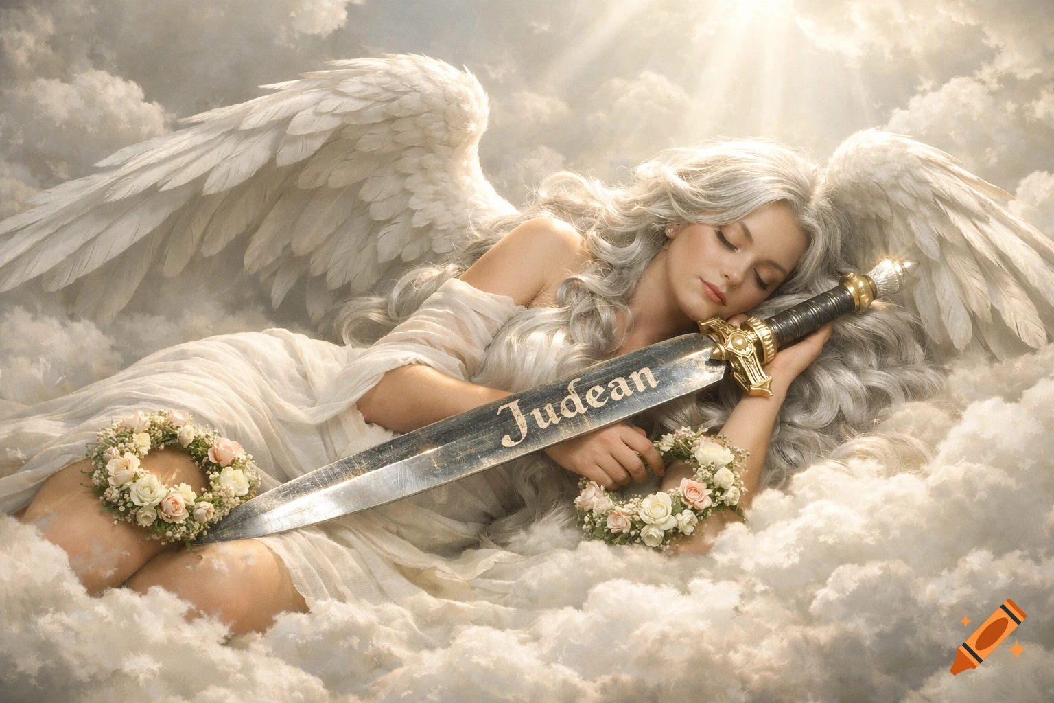 A beautiful angel with long white hair and large wings sleeps on clouds, holding a sword engraved with 'Judean', under beaming sunlight. She wears white and floral wreaths.