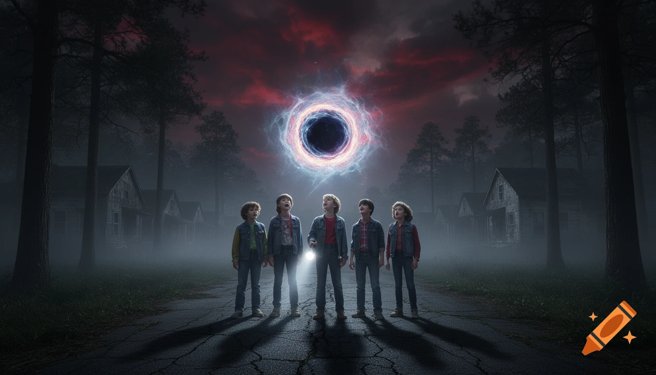 Five boys on a cracked road gaze up at a glowing blue and red portal in a dark, misty sky with abandoned houses. Photorealistic.