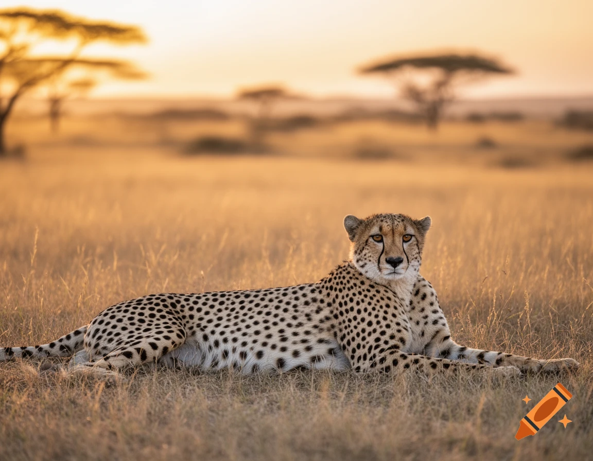 A photorealistic image of a cheetah lying in dry grass in a savanna at sunset.
