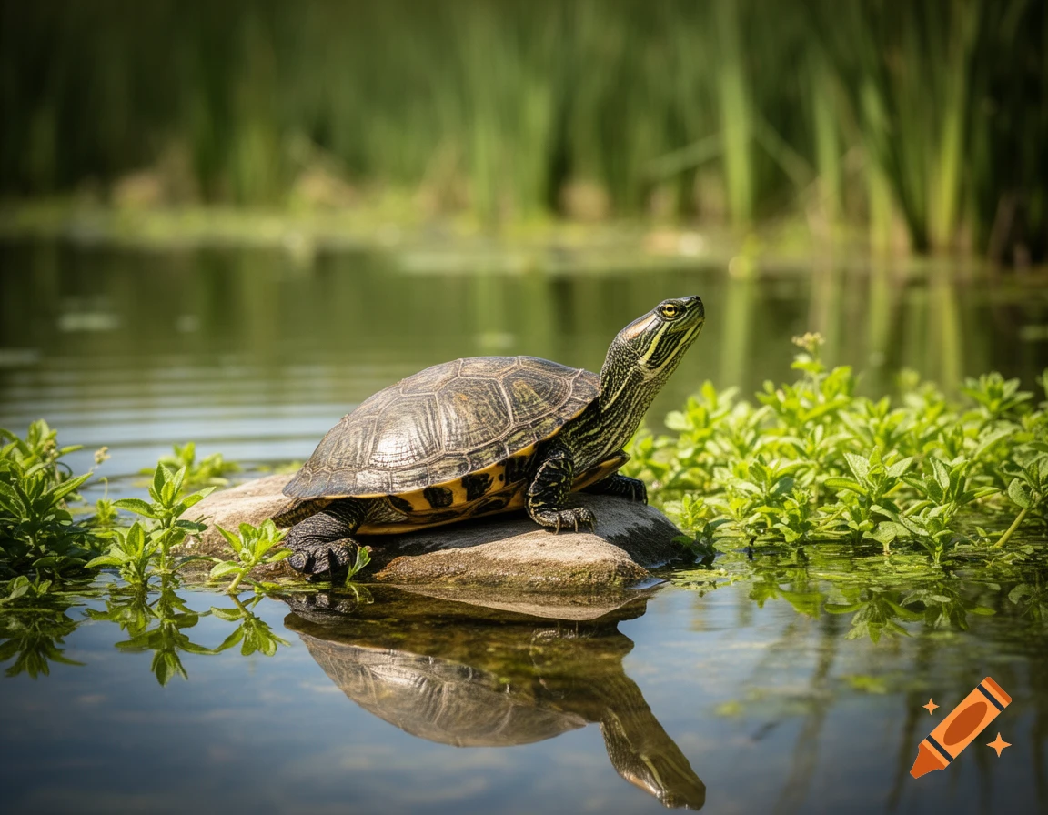 A photorealistic image of a turtle with a striped head basking on a rock in calm water, surrounded by green foliage.