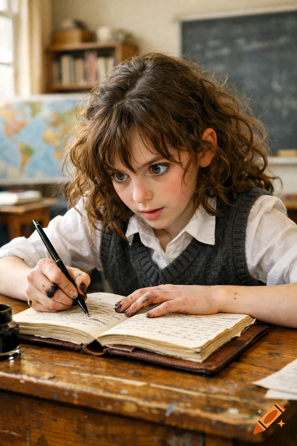 A young girl with messy brown hair intently writes in an open book with an ink pen, her fingers stained, in an old-fashioned classroom setting.