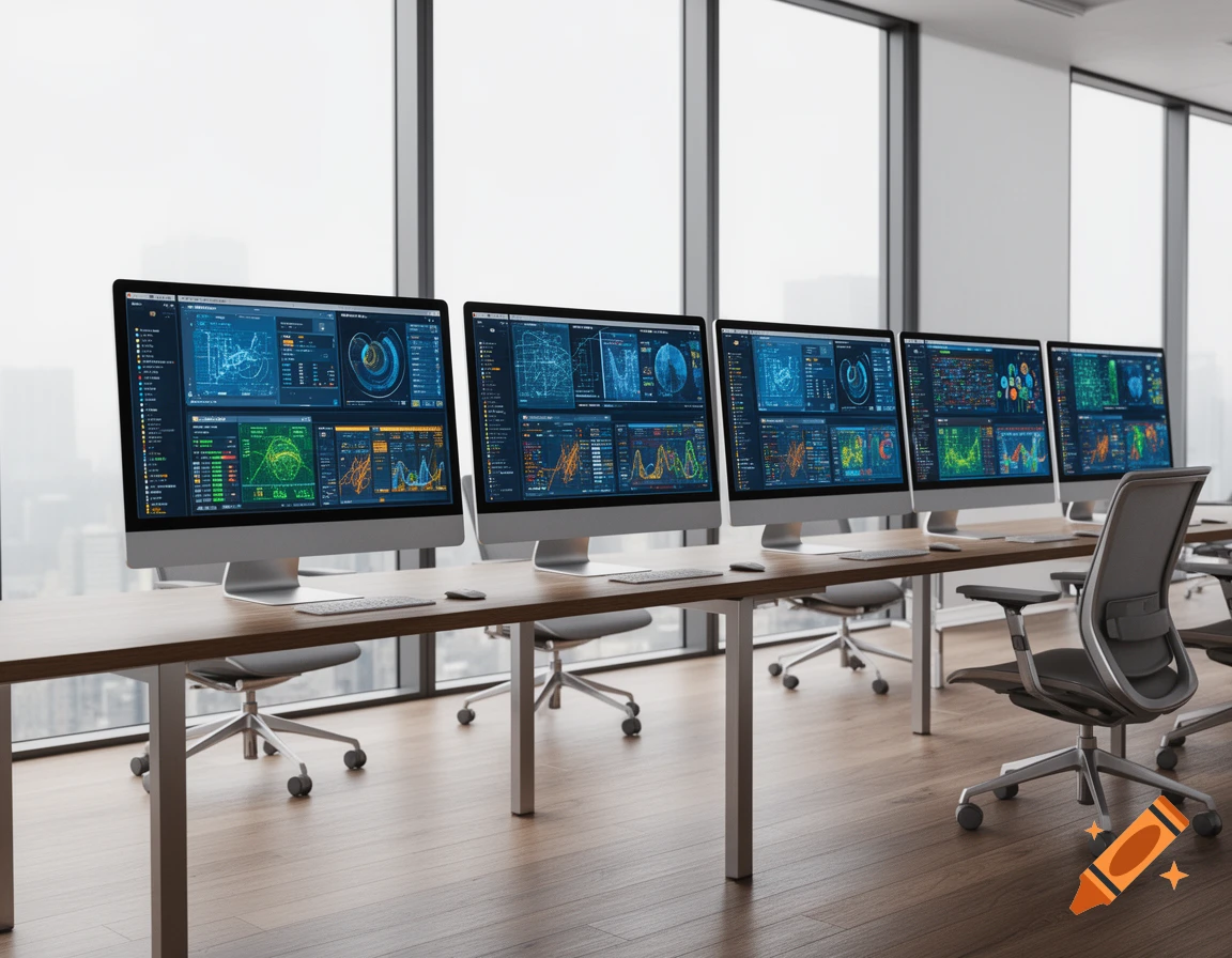 A row of desktop computers displaying data dashboards in a modern office with large windows overlooking a city.