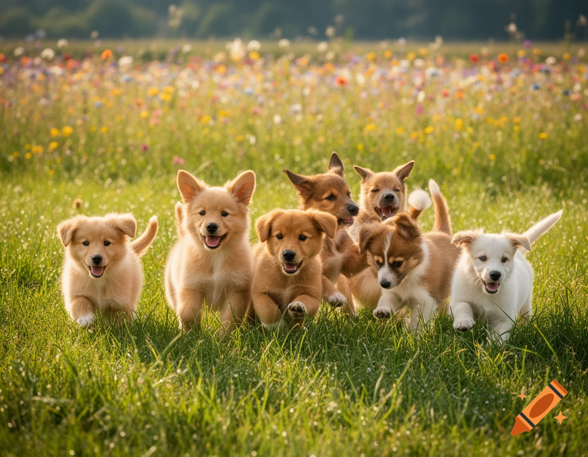 Multiple happy puppies running through a sunlit field filled with green grass and colorful wildflowers.