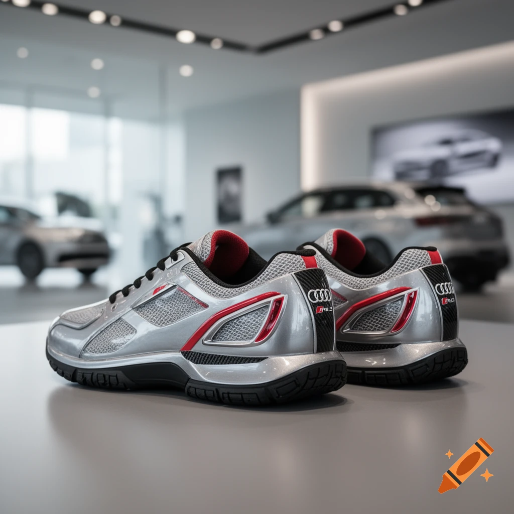 Photorealistic image of silver and red running shoes with Audi RS3 branding on a table in a car showroom.