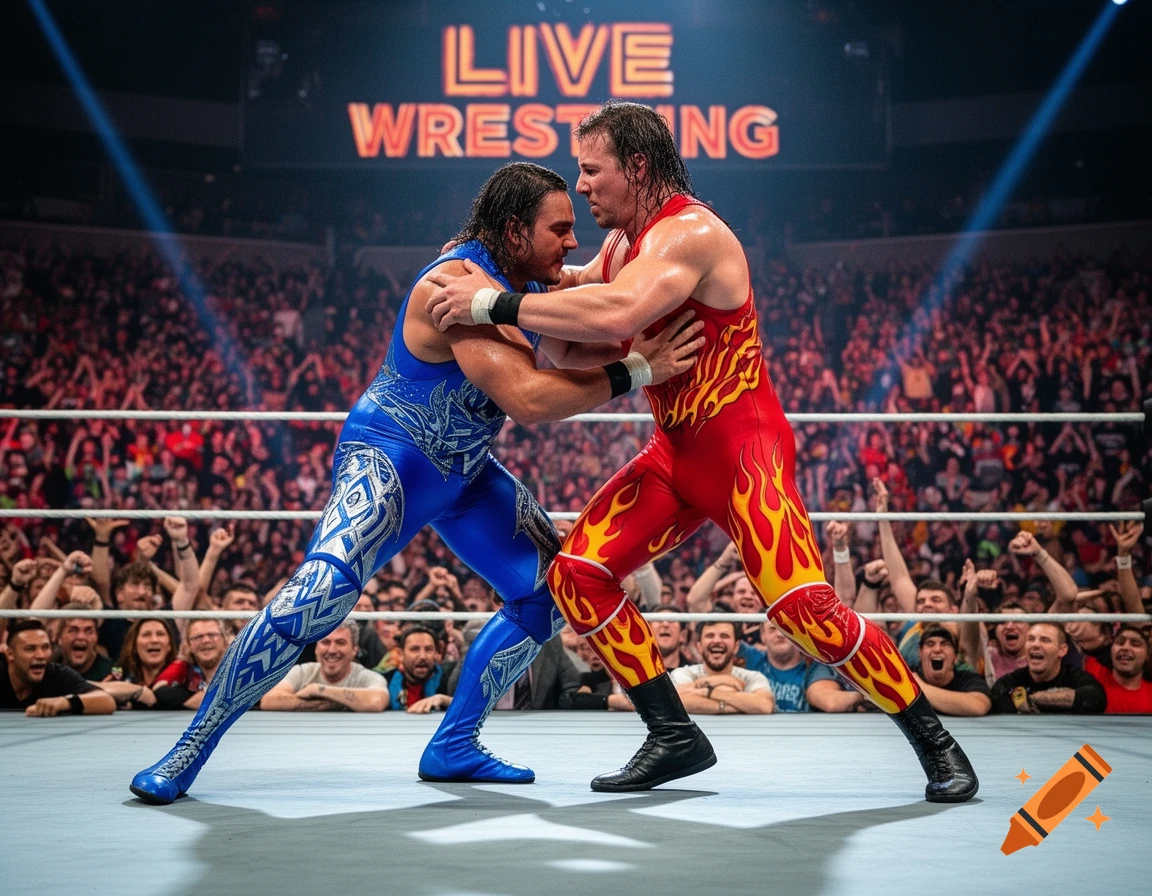 Two muscular wrestlers grapple in a packed arena under spotlights with 'LIVE WRESTLING' on a large screen.