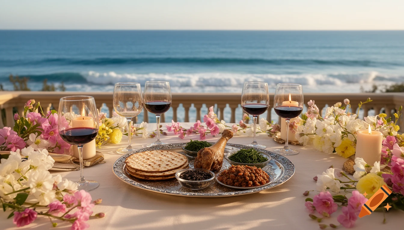 A photorealistic Passover Seder table with matzah, wine, candles, and flowers on a terrace overlooking a blue ocean.
