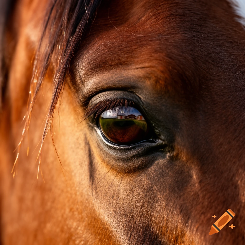 A highly detailed close-up of a horse's brown eye, reflecting distant red-roofed buildings under a bright sky.