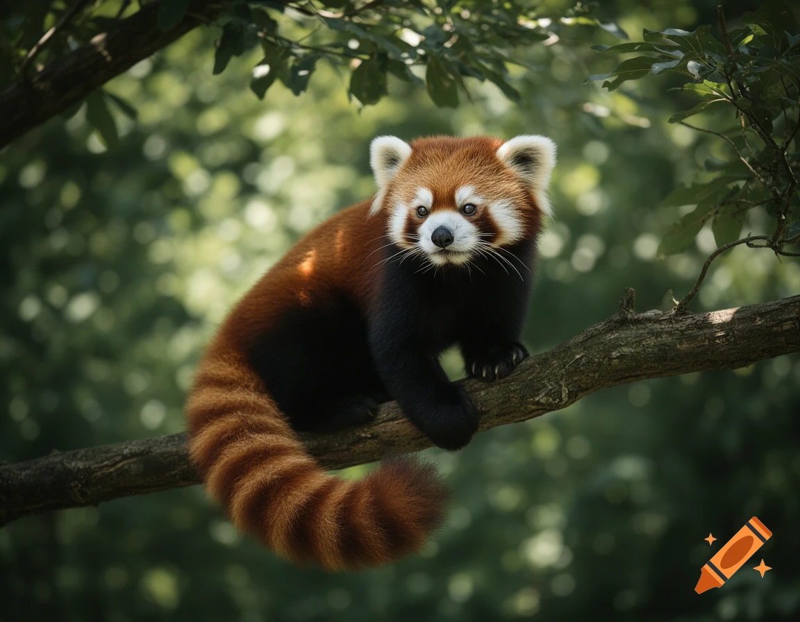 A photorealistic red panda with a bushy striped tail perches on a tree branch, looking forward against a blurred green background.