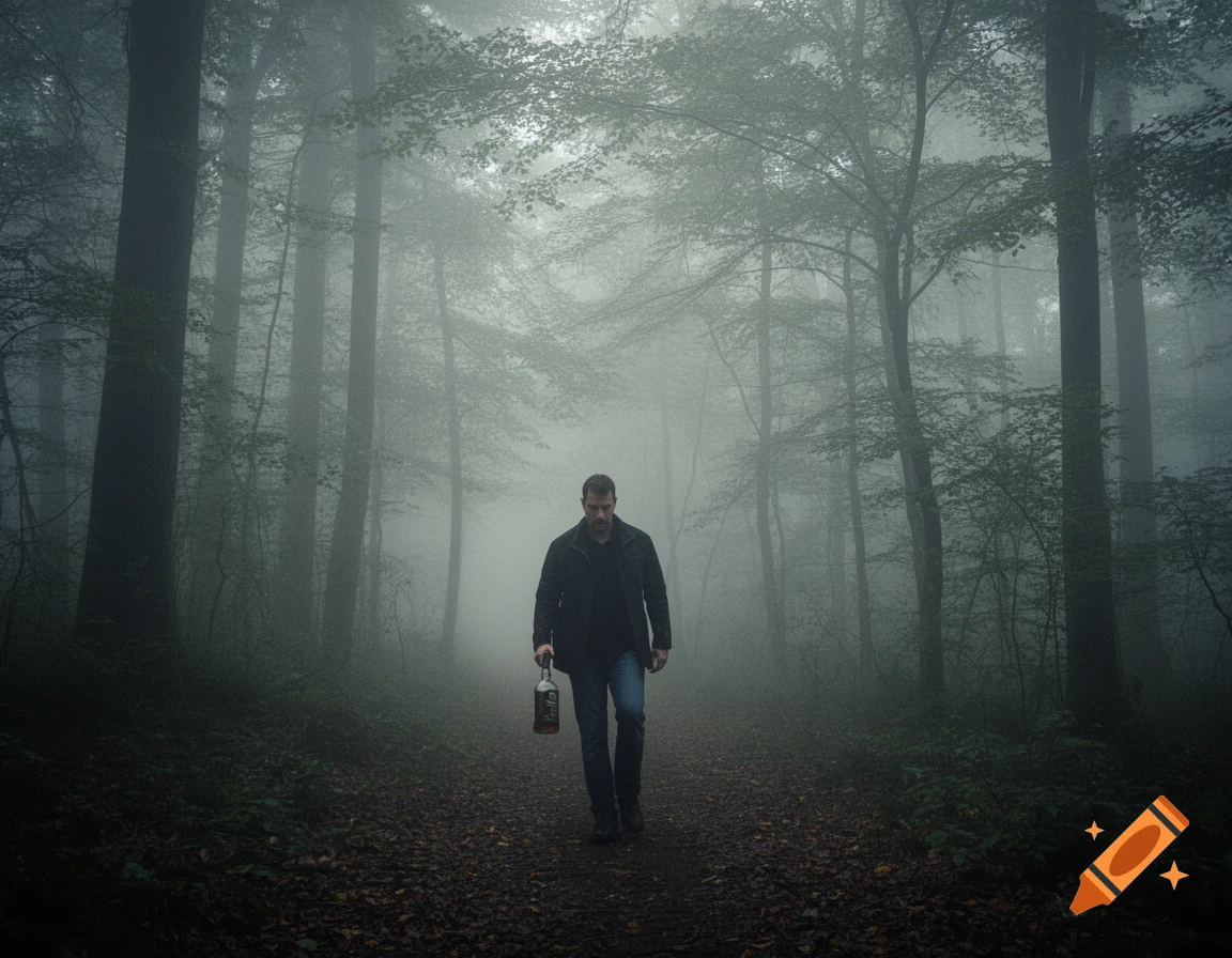 A man walks through a dense, foggy forest, holding a bottle.