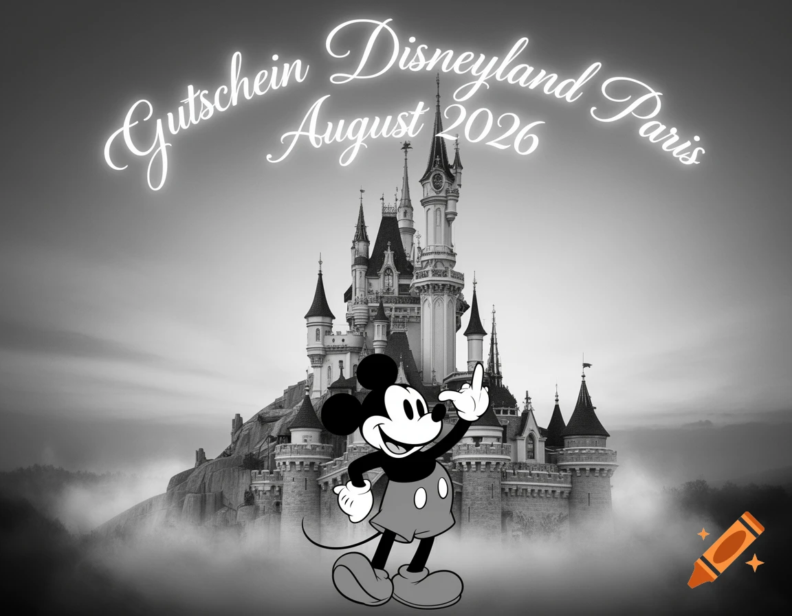 Black and white image of Mickey Mouse standing in front of a misty Disney castle, with the text 'Gutschein Disneyland Paris August 2026'.