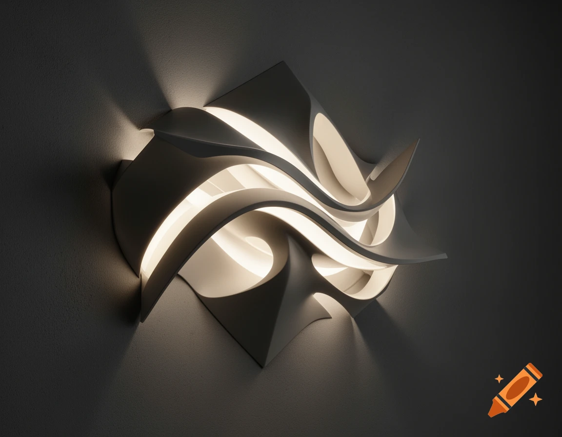 A futuristic white sculptural wall lamp casts dramatic light and shadows on a dark wall, with flowing, layered forms.