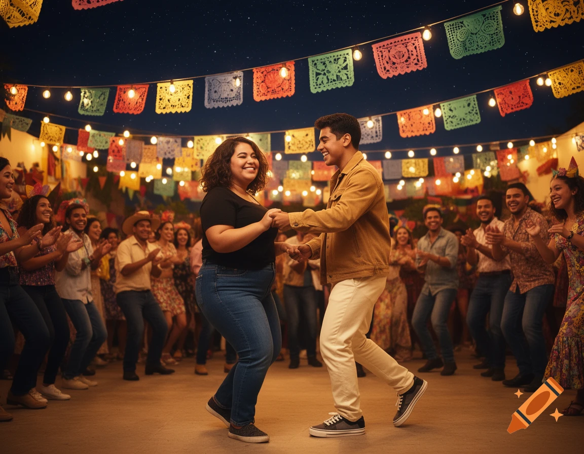 A young couple dances Cumbia at a lively Latin fiesta at night, surrounded by people, colorful papel picado, and string lights.