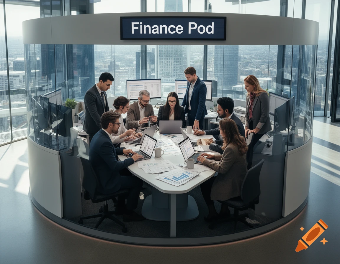 Business professionals work in a modern glass 'Finance Pod' office overlooking a city skyline.