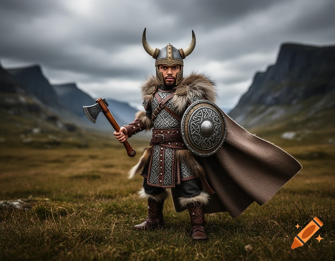 A man dressed as a viking, wearing a horned helmet, fur, and intricate armor, holds an axe and shield in a vast, cloudy mountain landscape.