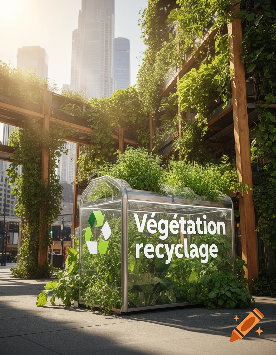 A modern glass structure with lush green plants inside and on top, featuring a recycling symbol and text 'Végétation recyclage', set in an urban environment with skyscrapers in the background.