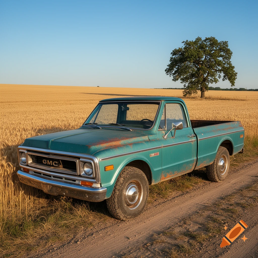 A teal, rusty vintage GMC pickup truck parked on a dirt road next to a ...