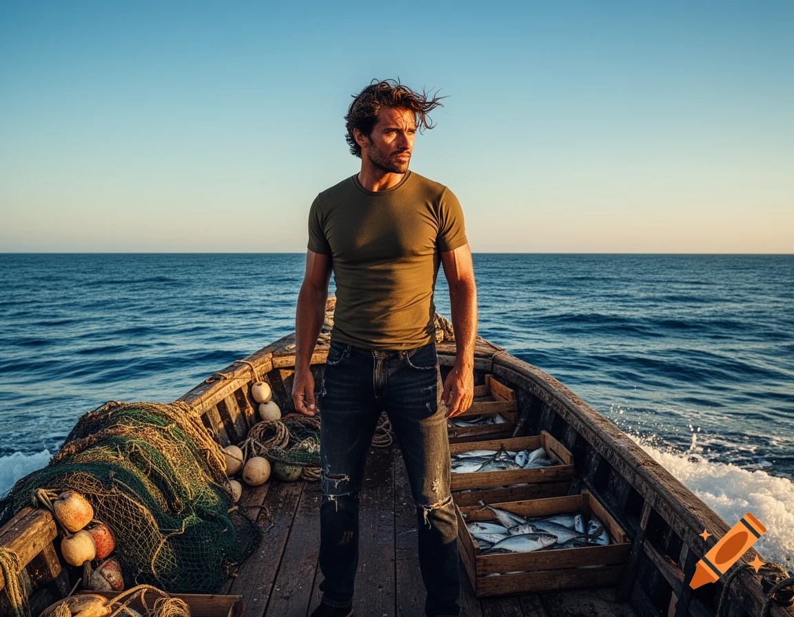 A rugged man stands on a wooden fishing boat filled with nets and fish, looking out at the calm blue sea under a clear sky.