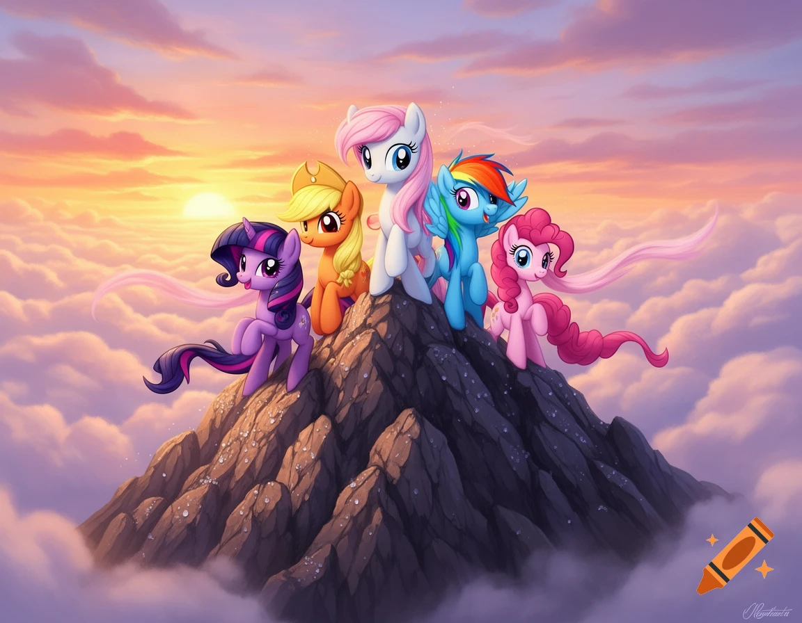 Five colorful cartoon ponies stand on a rocky mountain peak, surrounded by clouds at sunset.